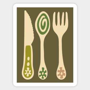 CUTLERY Retro Vintage Kitchen Utensils Knife Spoon Fork in Olive Brown and Green - UnBlink Studio by Jackie Tahara Sticker